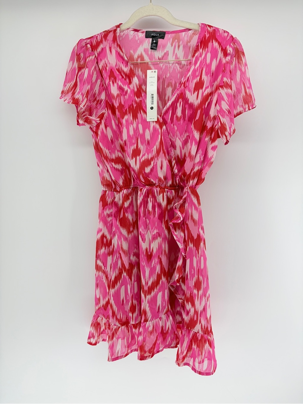 NWT Aqua Faux Wrap Ruffle Mini Dress XS Pink Red